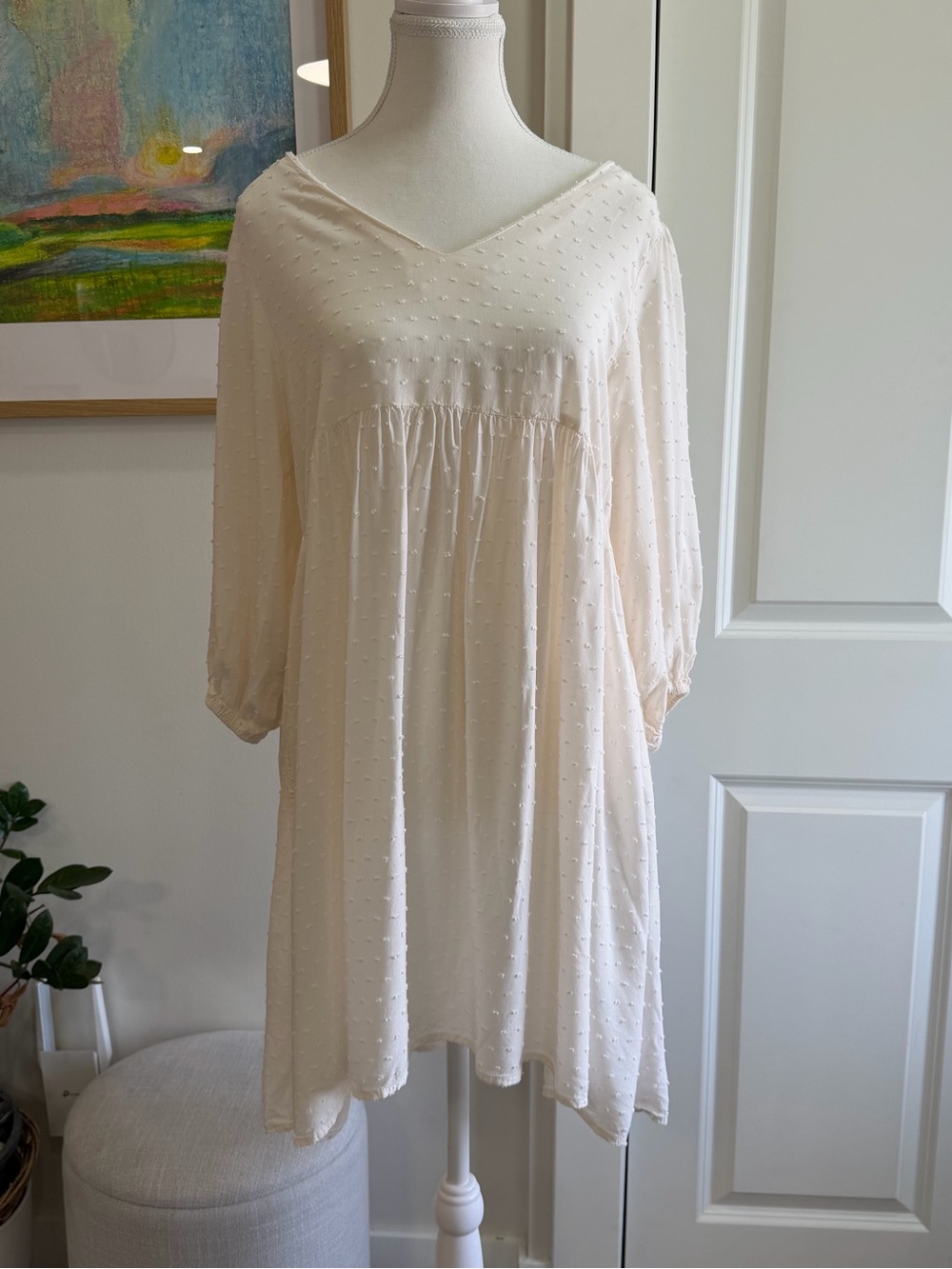 Monk & Lou Cream Swiss Dot Babydoll Dress V-Neck Balloon Sleeve Boho Ivory Small - Picture 2 of 8